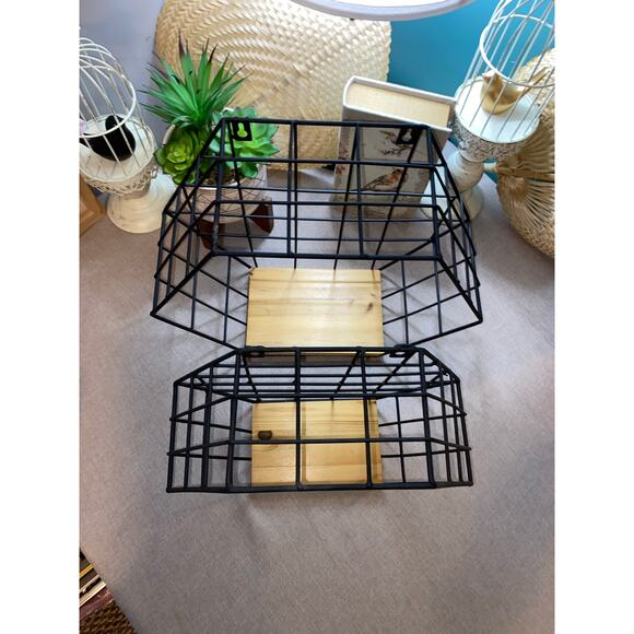 Set 2 Hezagon Shaped Geometric Wall Mounted Floating Metal Wood Shelves Lot - Picture 3 of 10